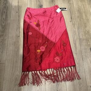 Muse Cherry Red Embroidered Fringe Skirt Size 12 NWT 100% Silk Vintage
